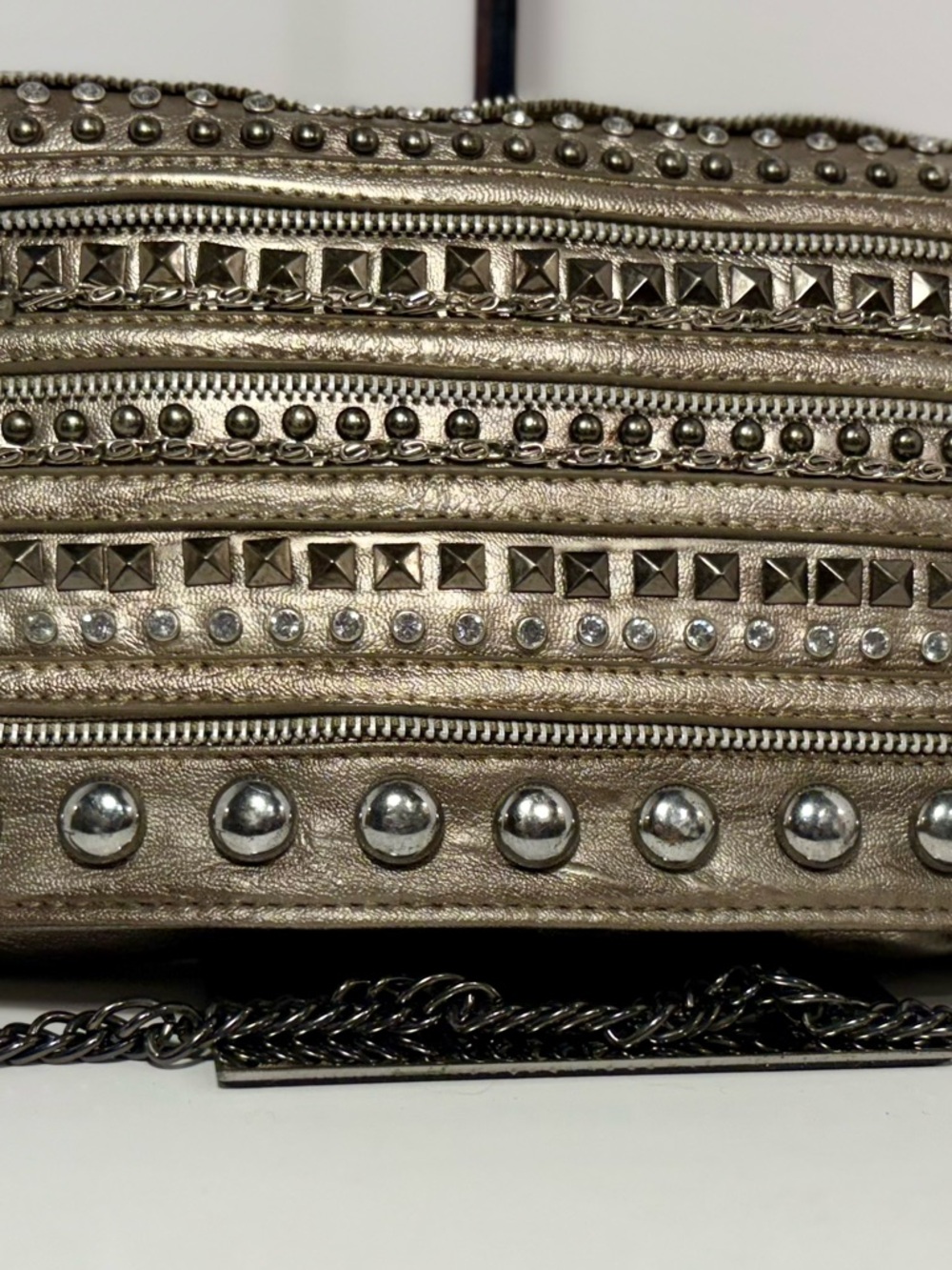 lola Metallic Silver Studded Clutch with Chain Detail - Picture 2 of 9